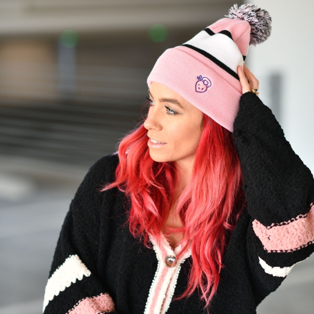 Grey & Pink Beanies with Pom